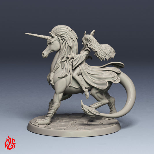 Naesala, elfe sorcier monté sur une licorne